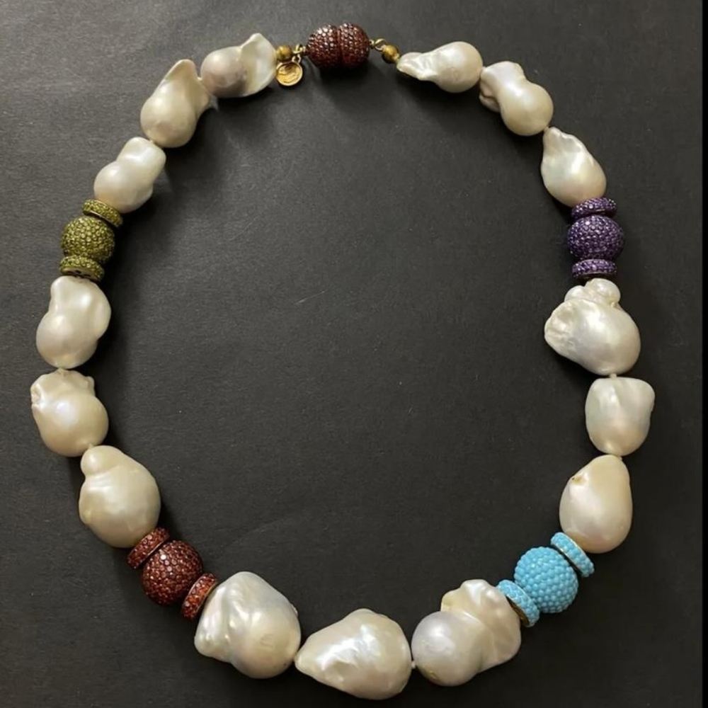 Designer ALEXANDRA TUKELTURK Freshwater BAROQUE PEARL/Zirconia Cube Necklace